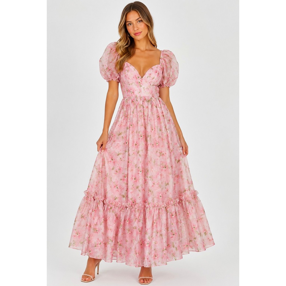 Lulus Women's S Pink Floral Puff Sleeve Lace Up Back Tiered Maxi Dress NWT BOHO
